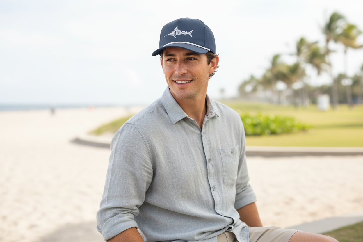 Person wearing navy blue HatFlow swordfish embroidered rope cap - Latest Drops collection