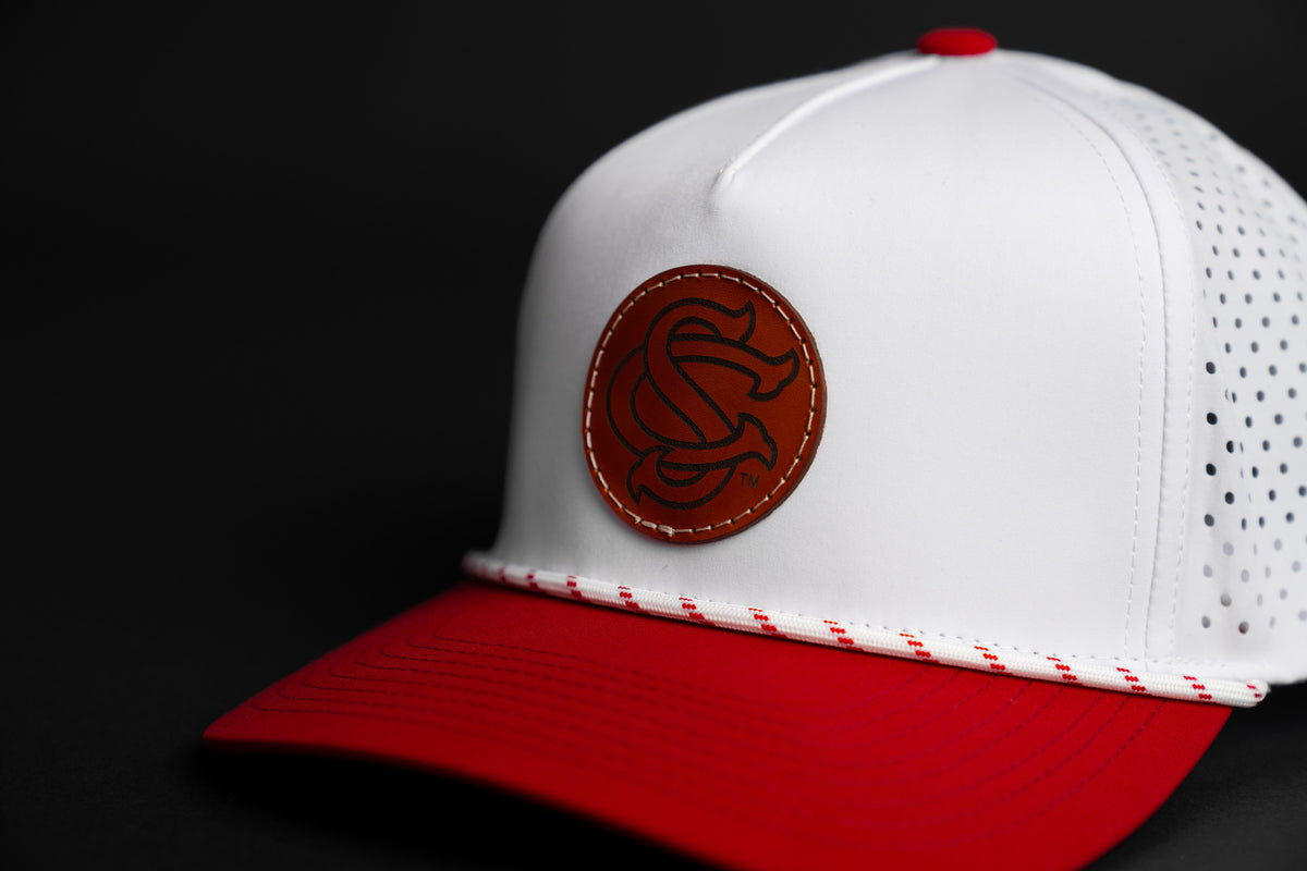 South Carolina SC leather patch rope hat with white crown and red brim, front view