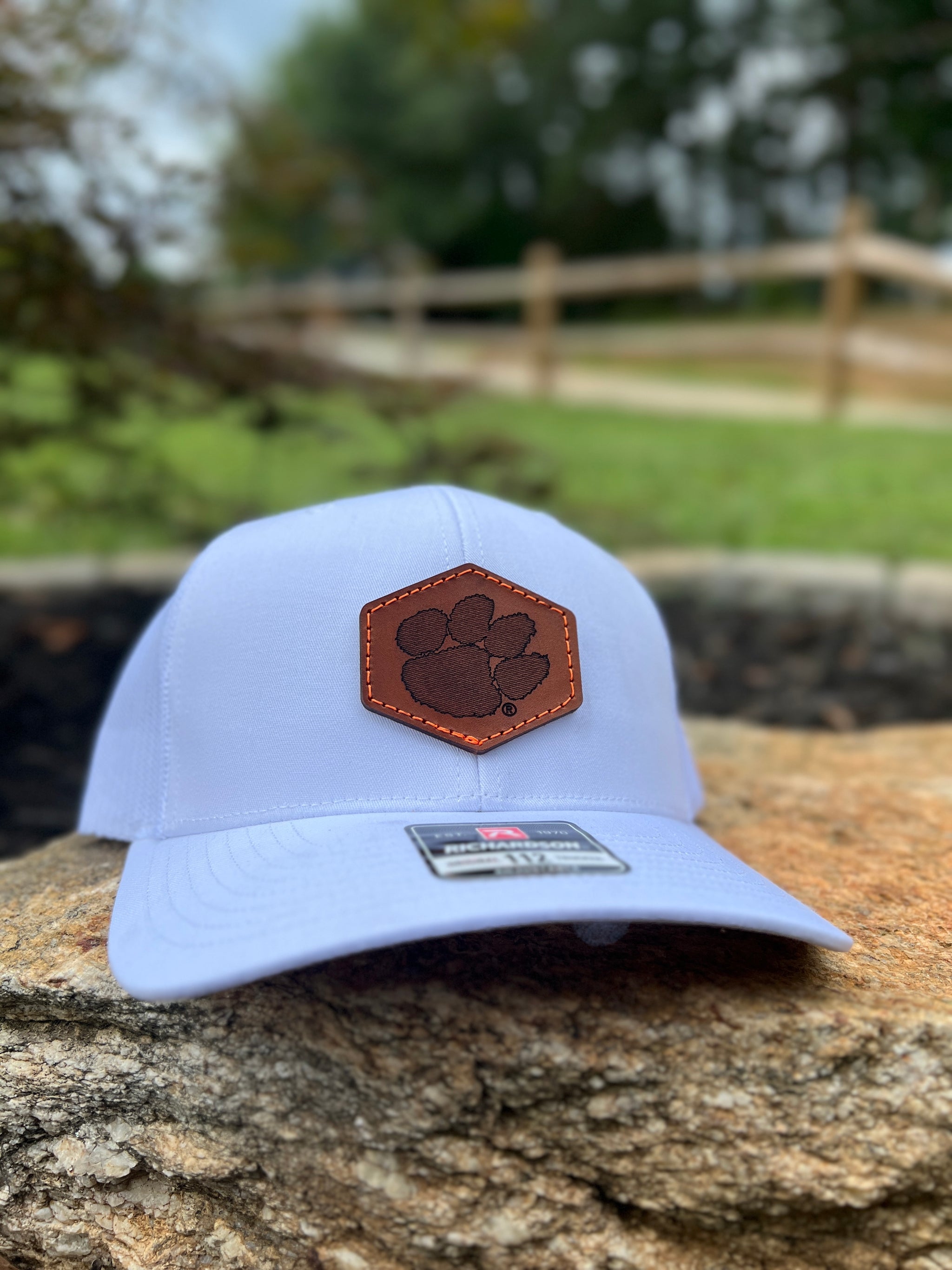 Clemson Tigers Leather South Carolina Patch Trucker Hat-(State Tiger Paw) Camo/Black OSFM / Orange