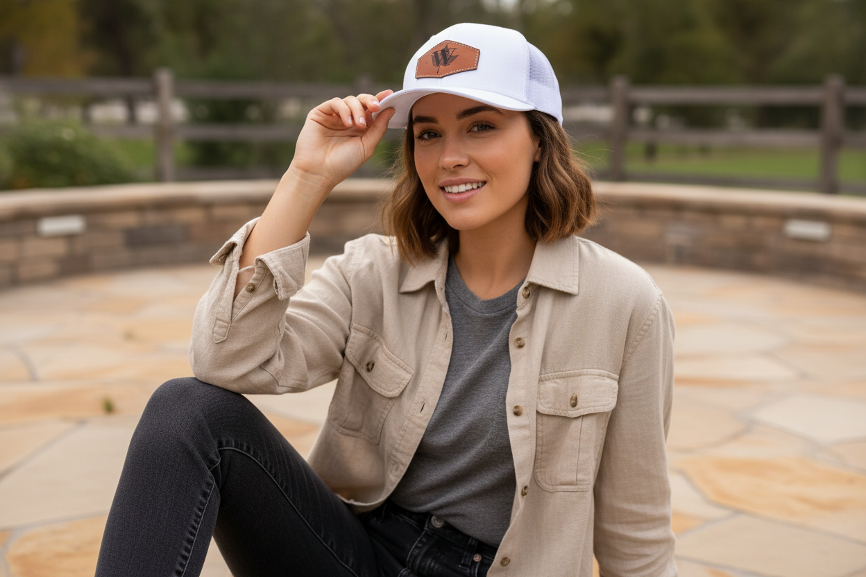 White hat with leather patch on model