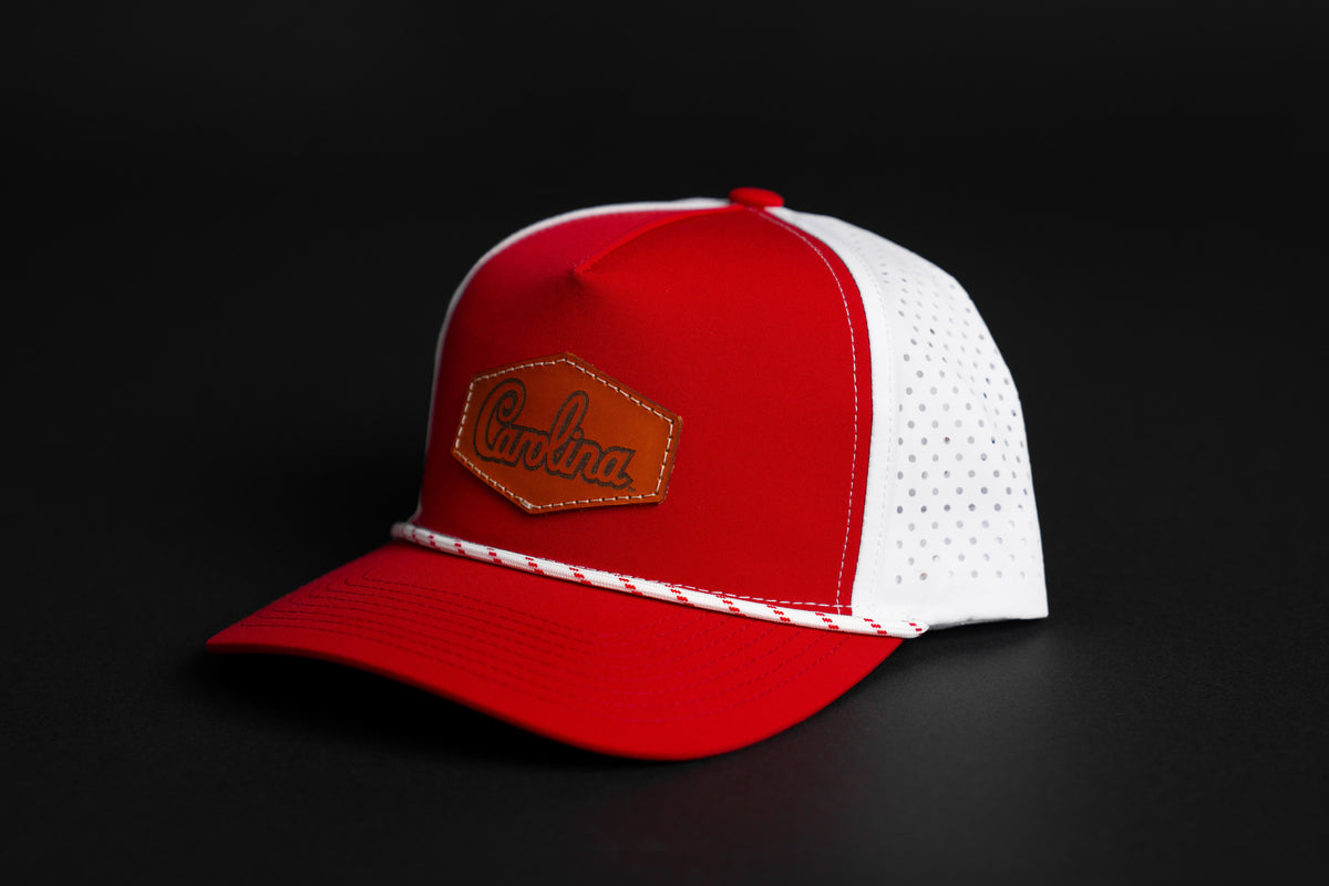 Carolina script leather patch rope hat with garnet front and bill and white side panels
