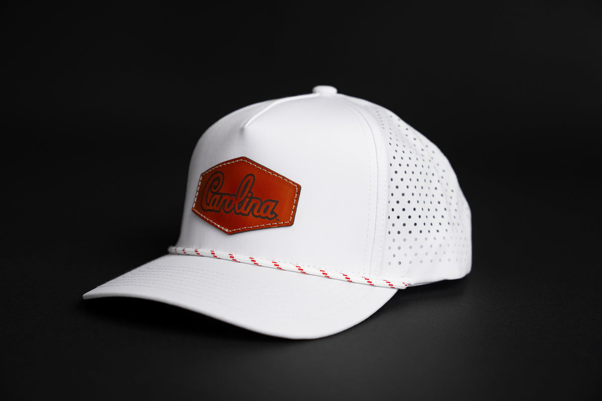 White Carolina script leather patch performance rope hat with white bill and white rope with garnet accents