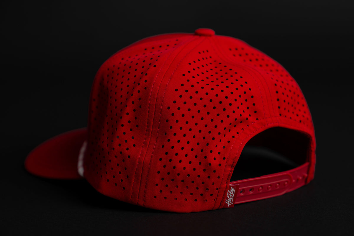 Interior of garnet HatFlow hat with branded sweatband and seam tape
