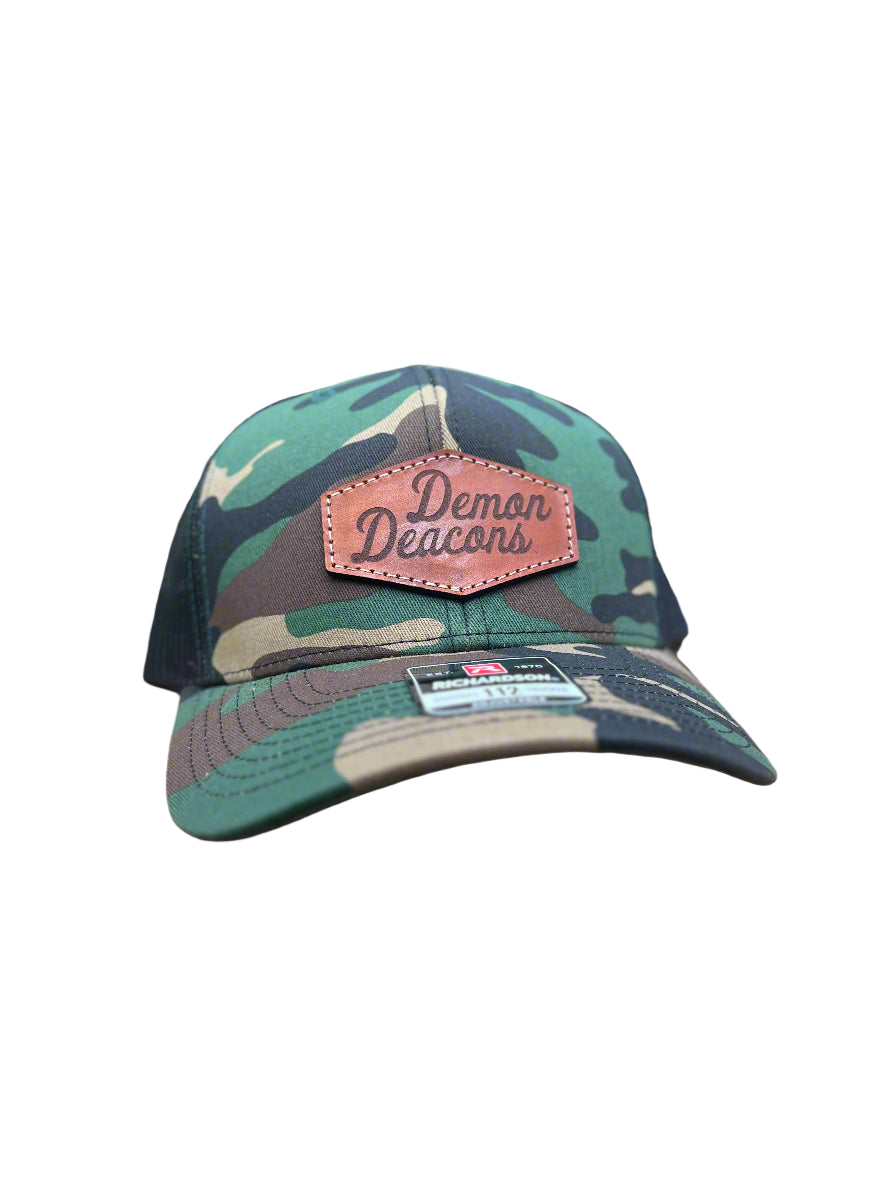 Wake Forest Demon Deacons Leather Patch Trucker Hat- (Demon Deacons) Camo/Black - HatFlow Company