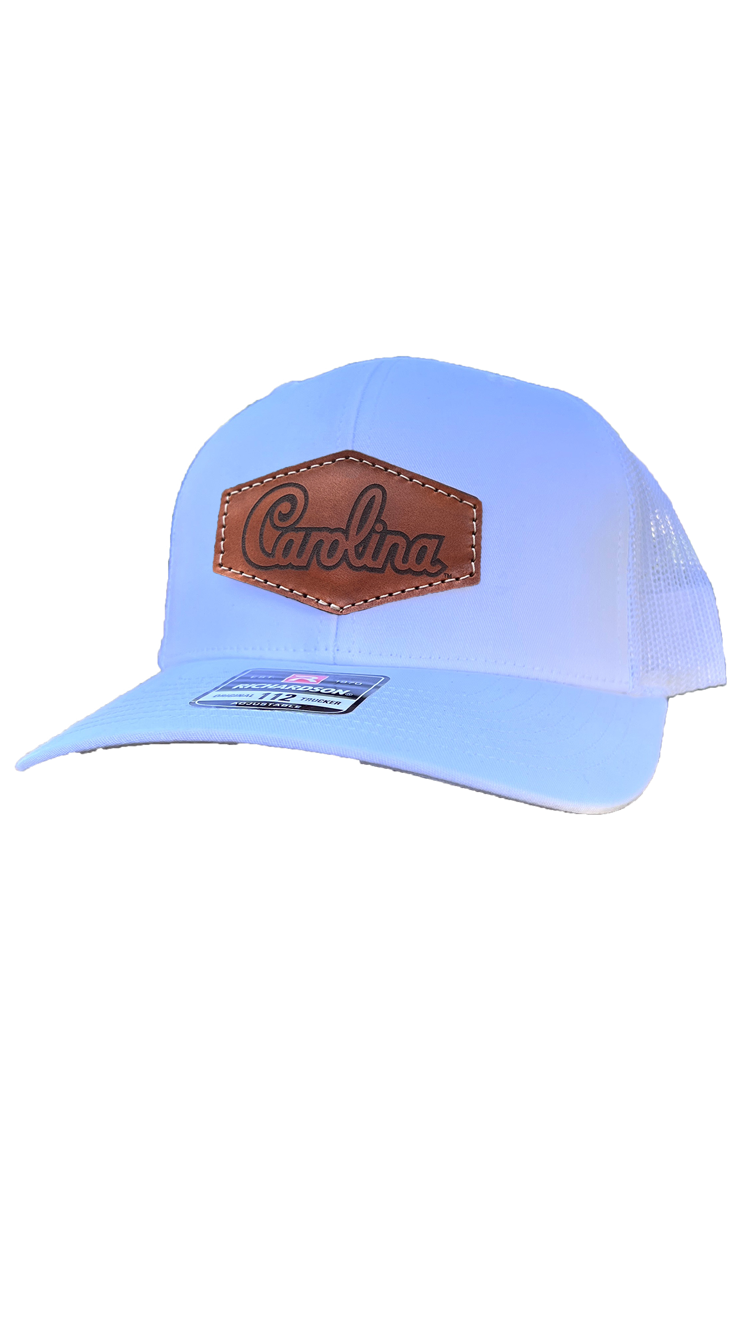 South Carolina Gamecocks Leather Patch Trucker Hat-(Script) White - HatFlow Company